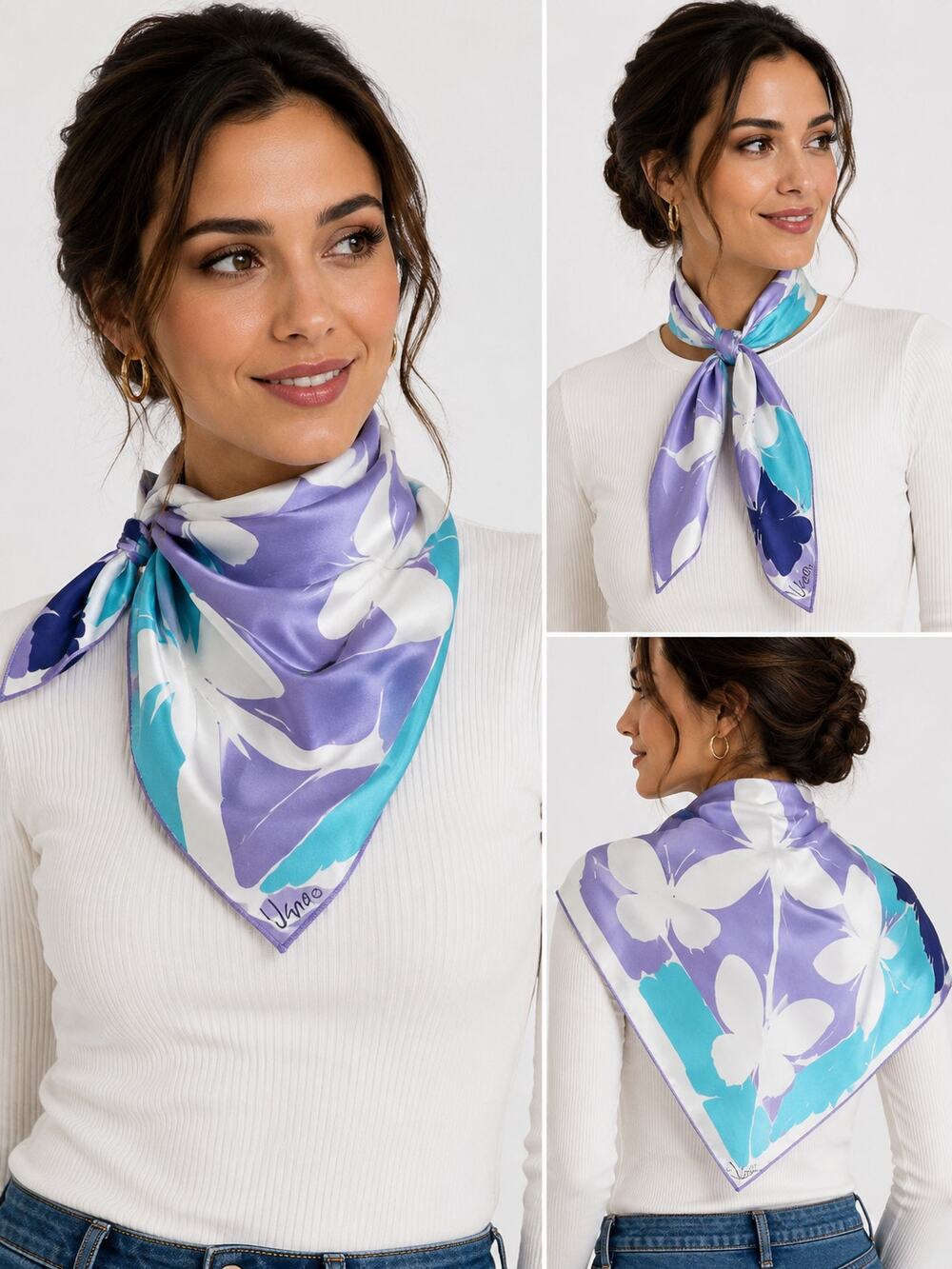 Vintage Vera Neumann Scarf 22" Butterfly Floral Rayon Silk Purple Aqua Japan